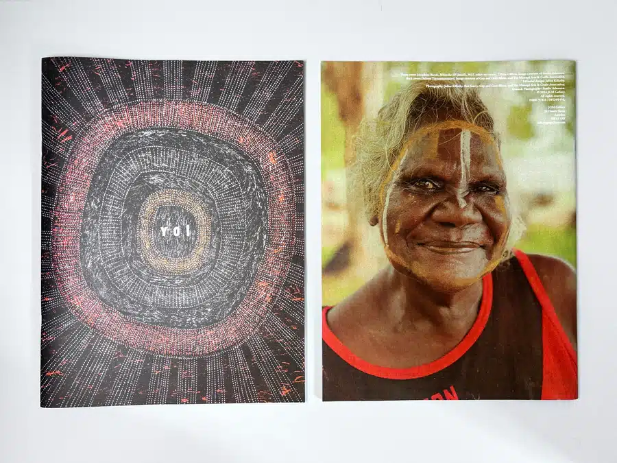 Custom printed art book design highlighting Aboriginal artwork in a gallery setting