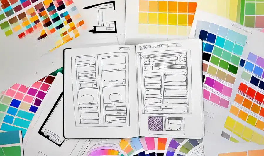 Sketches of book cover design concepts with focus on central themes and visual elements