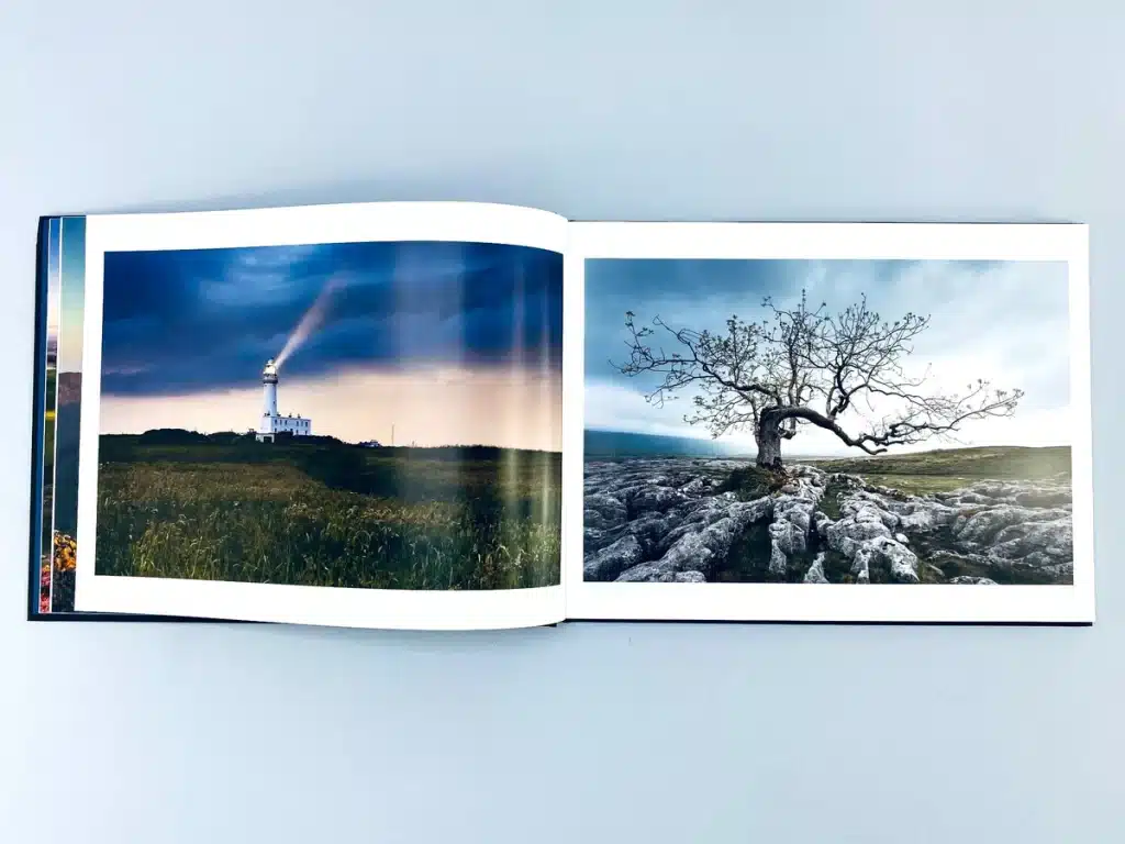 Photo Book Spread with Text 'Seeing the Light' and a Scenic Landscape