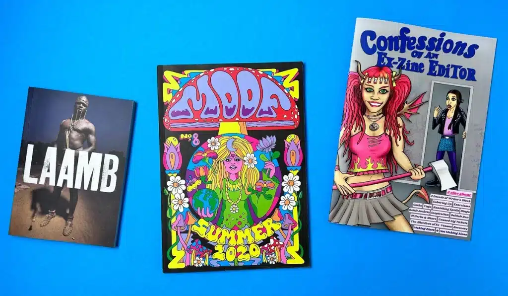 Collage of different zine covers showcasing various designs and themes.