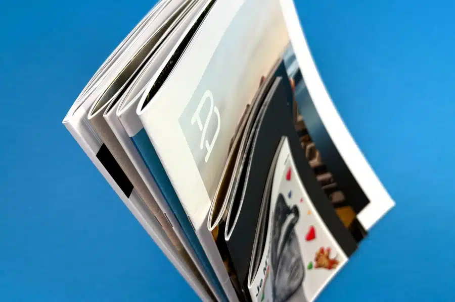 A side-by-side comparison of a printed photography portfolio and an online portfolio displayed on a laptop.