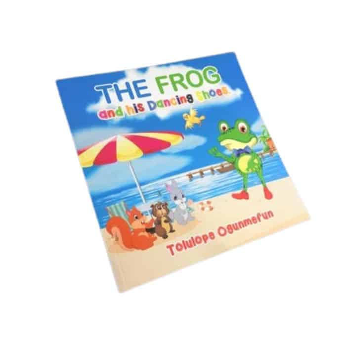 The Frog and His Dancing Shoes cover with smiling frog in bright shoes on a beach.