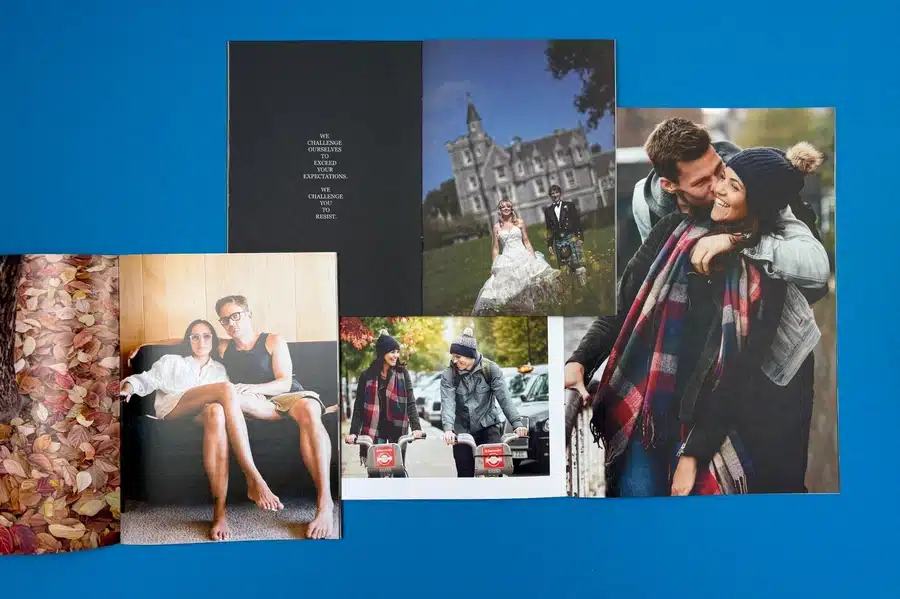 Three open photography portfolio books with different layout styles, featuring bold images and clean typography.