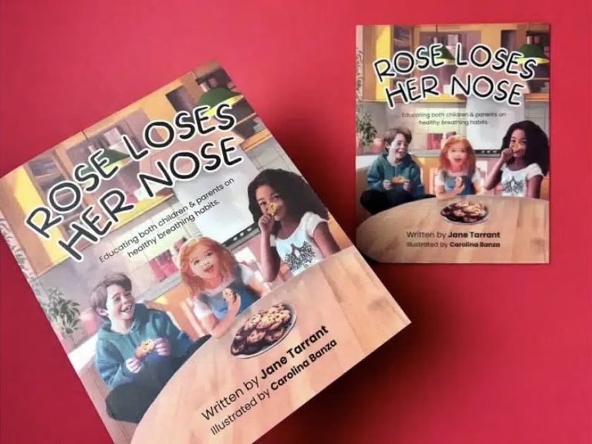 Rose Loses Her Nose cover with animated girl and playful characters in bright colours.