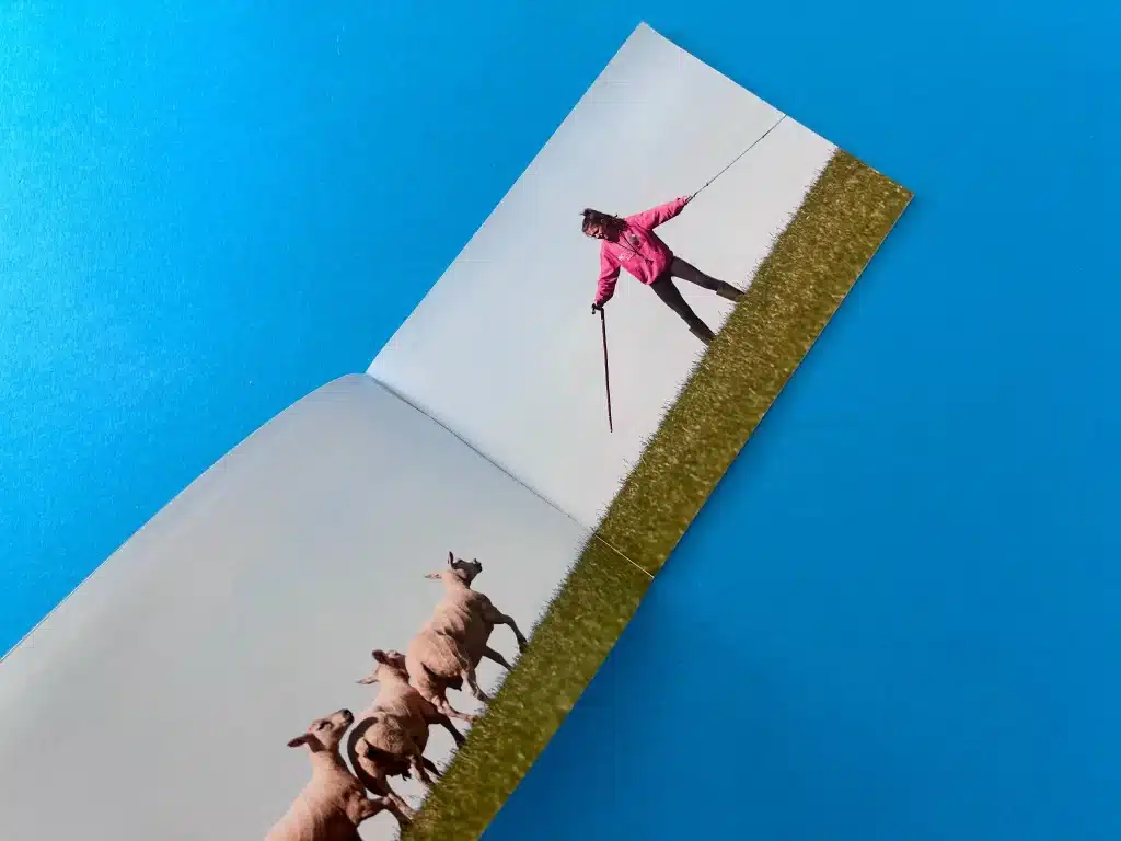 Wire-stitched binding of the A5 landscape photo zine "Where Shepherds Meet."