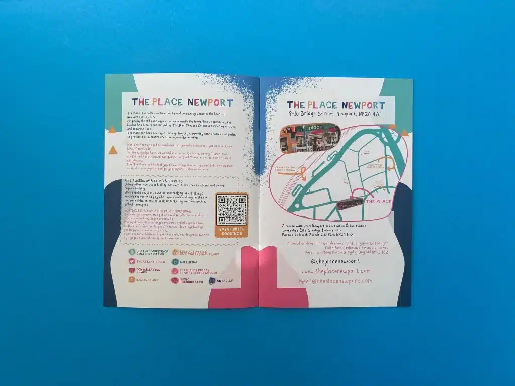 Wire-stitched What's Happening at The Place programme booklet, printed in full colour with high-quality finish by Ex Why Zed.