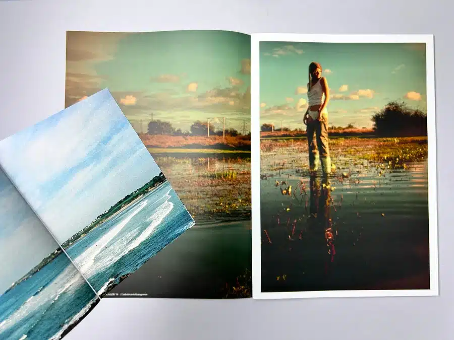 Example of a zine layout with grid-based sections and colourful typography.
