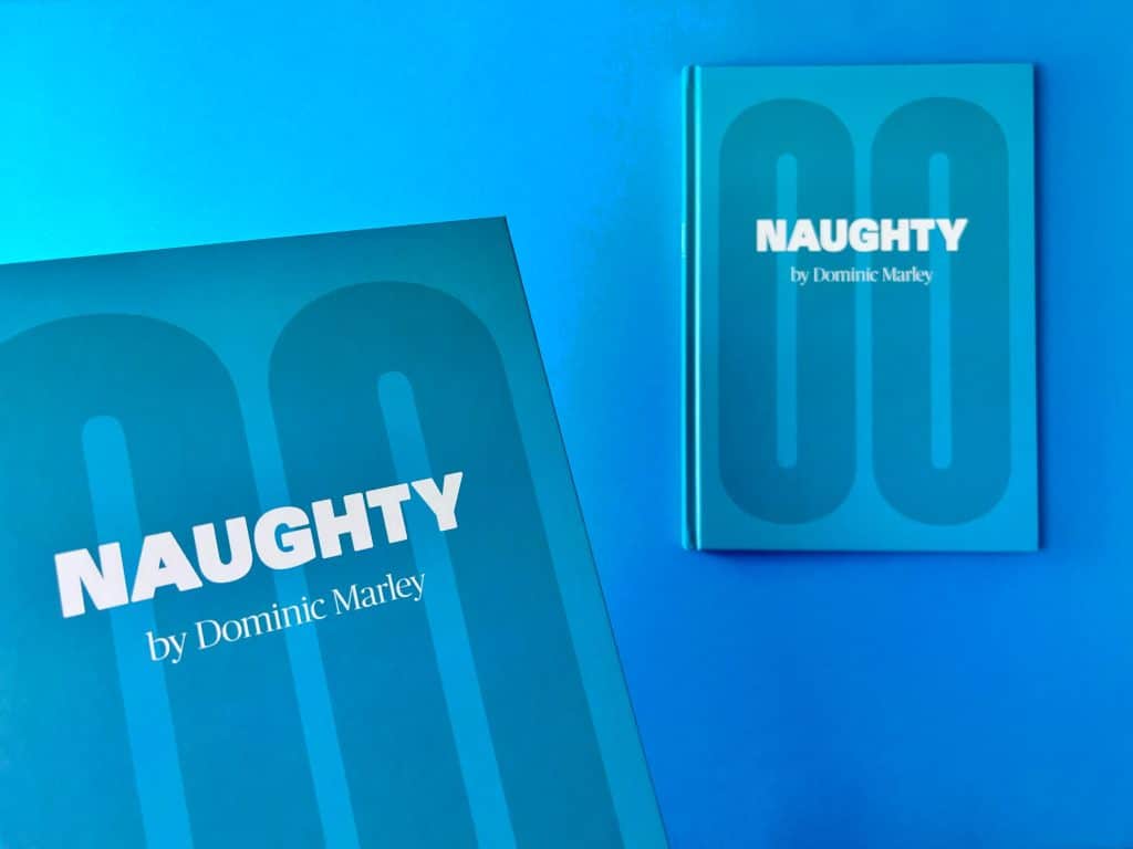 A4 case-bound book cover for Dominic Marley’s "Naughty" showcasing black and white skateboarding photography.