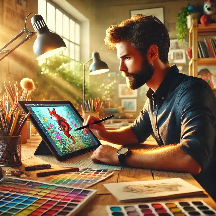 Children's book designer creating illustrations for a new book