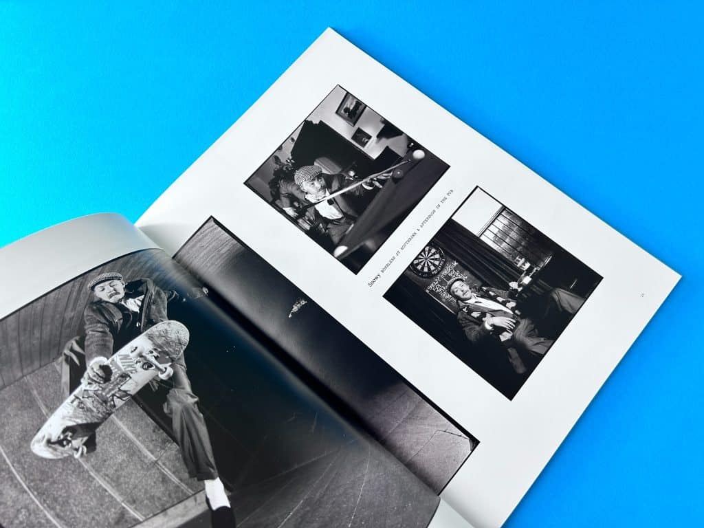 Inner page layout of "Naughty" by Dominic Marley, showing dynamic photography and minimalist typography.