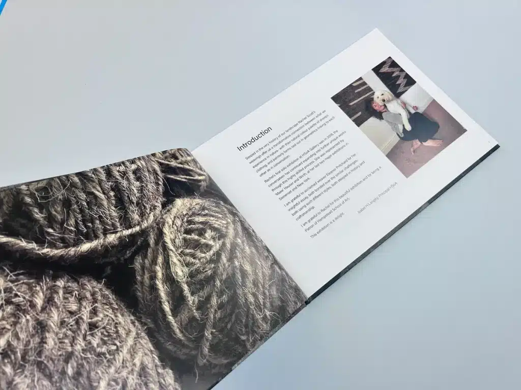 Inner pages of the "Landscape in Weaving" catalogue showing woven designs.
