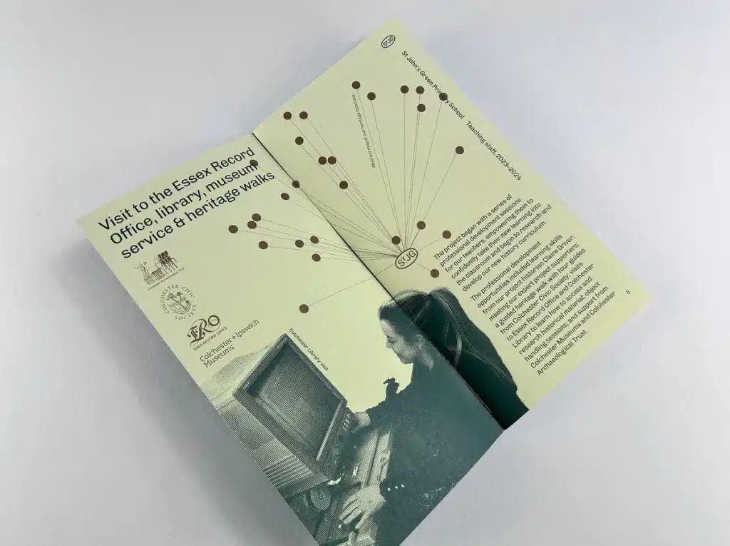 Interior spread of ‘Made In Our One Square Mile’ booklet with text and images of local landmarks.