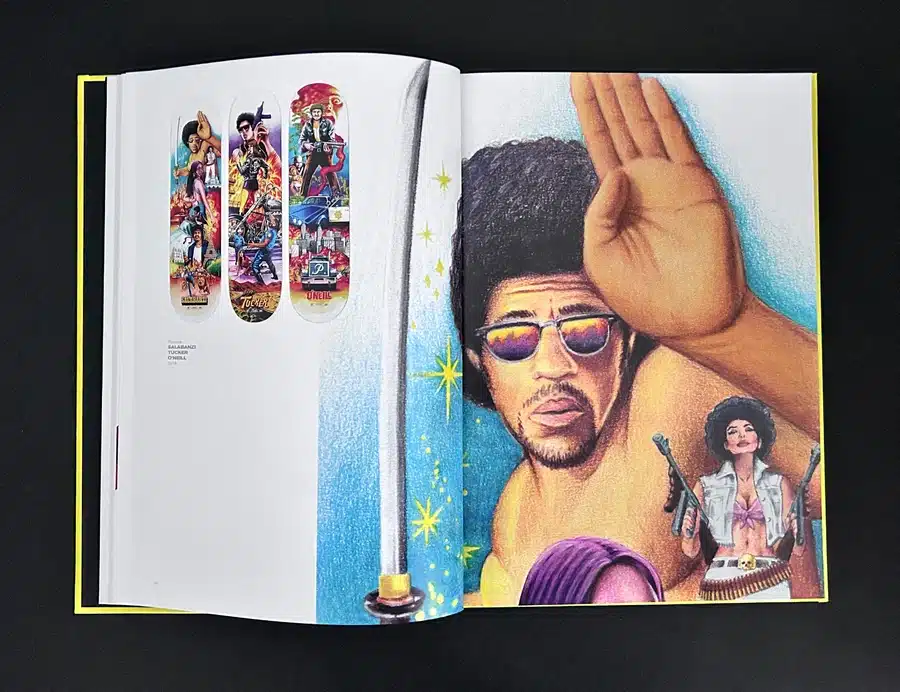 Inside pages of Yaia's skateboard art book, brimming with creativity.