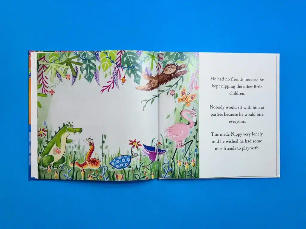 Close-up of the durable hardcover binding used in 'Nippy the Baby Crocodile' to ensure longevity.