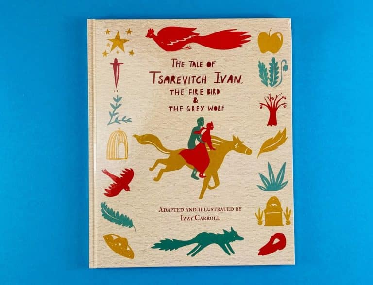 Case-bound hardback cover of The Tale of Tzarevich Ivan, The Fire Bird, and The Grey Wolf.