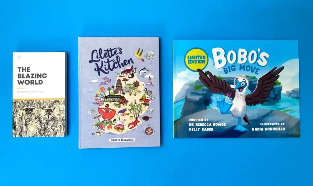 Three self-published books showcasing diverse genres on a vibrant blue background.