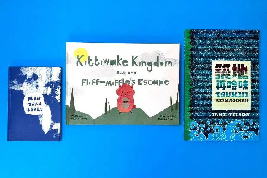 Illustrated book covers with playful fonts that match the visuals.