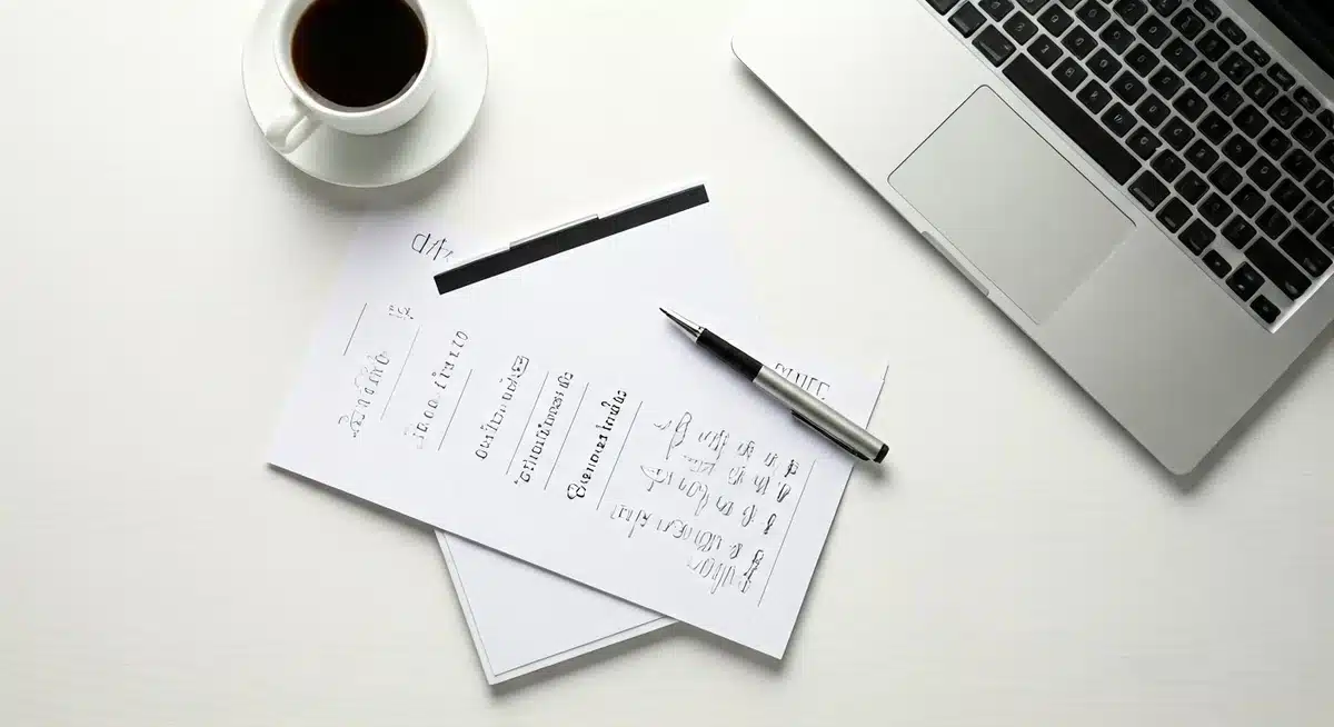 A workspace with a laptop, a cup of coffee, a notebook with different fonts, and a pen.