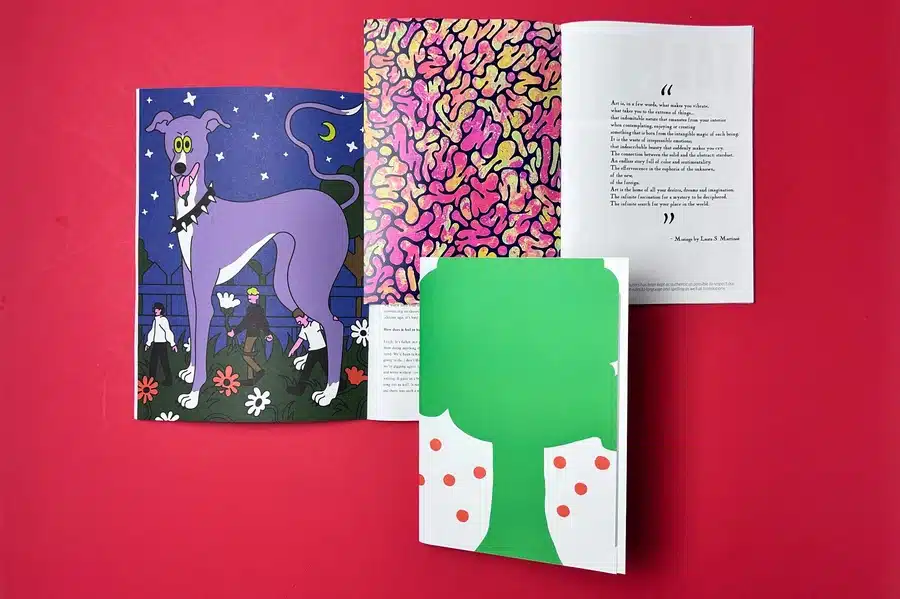 Close-up of a comic book open to a two-page spread, emphasising layout and panel structure.