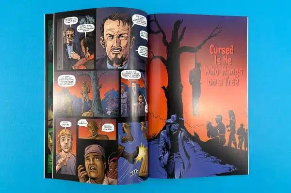 An artist exploring a collection of comic books printed at Ex Why Zed for research and inspiration