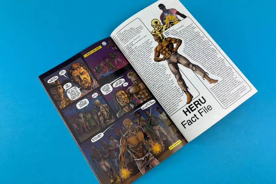 A science-fiction comic book scene with alien worlds and advanced technology.
