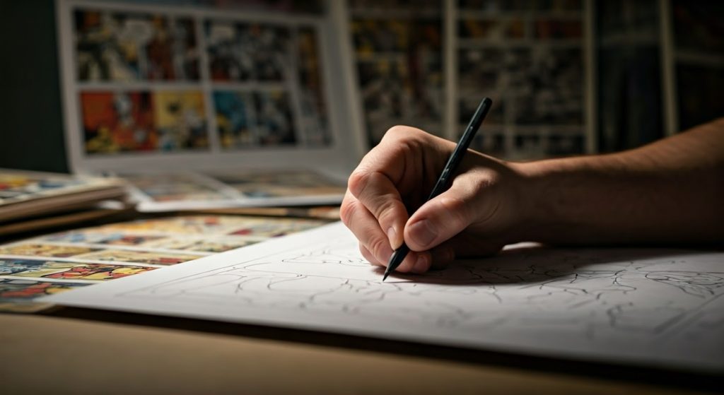 Comic book artist sketching a comic panel