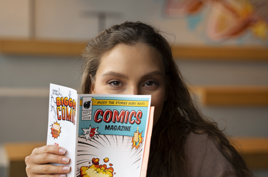 Woman enjoying a comic magazine printed by Ex Why Zed