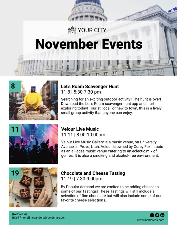 City events print newsletter template with bold headlines and community updates