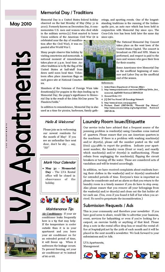 Residential community tenant newsletter template with updates and maintenance notices