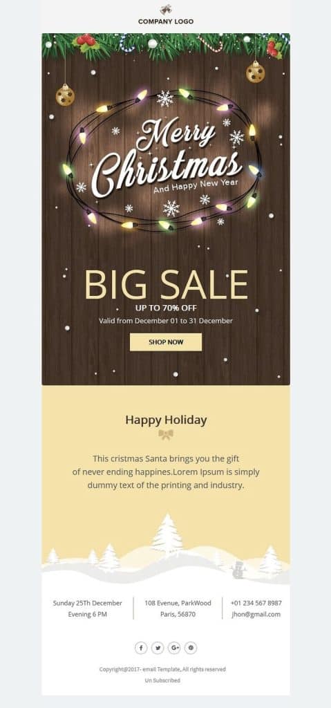 Holiday-themed newsletter template with seasonal colours and festive design