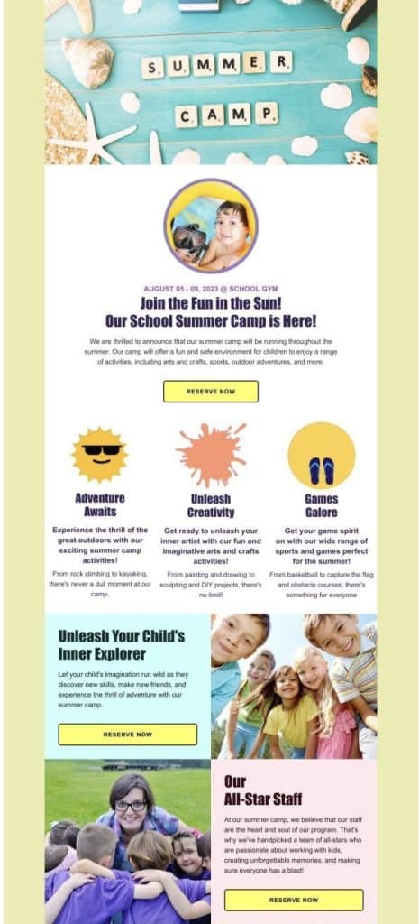 Summer camp highlights newsletter template with camper stories and bright colours