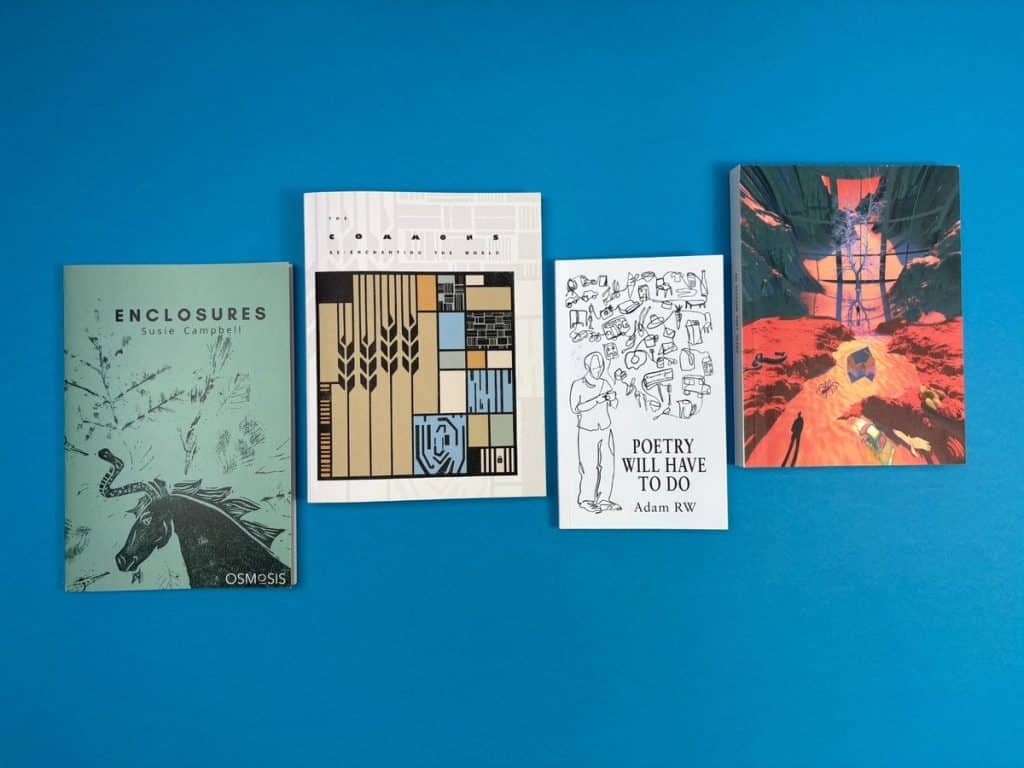 Abstract art poetry book cover with flowing shapes and vibrant colours by Ex Why Zed.