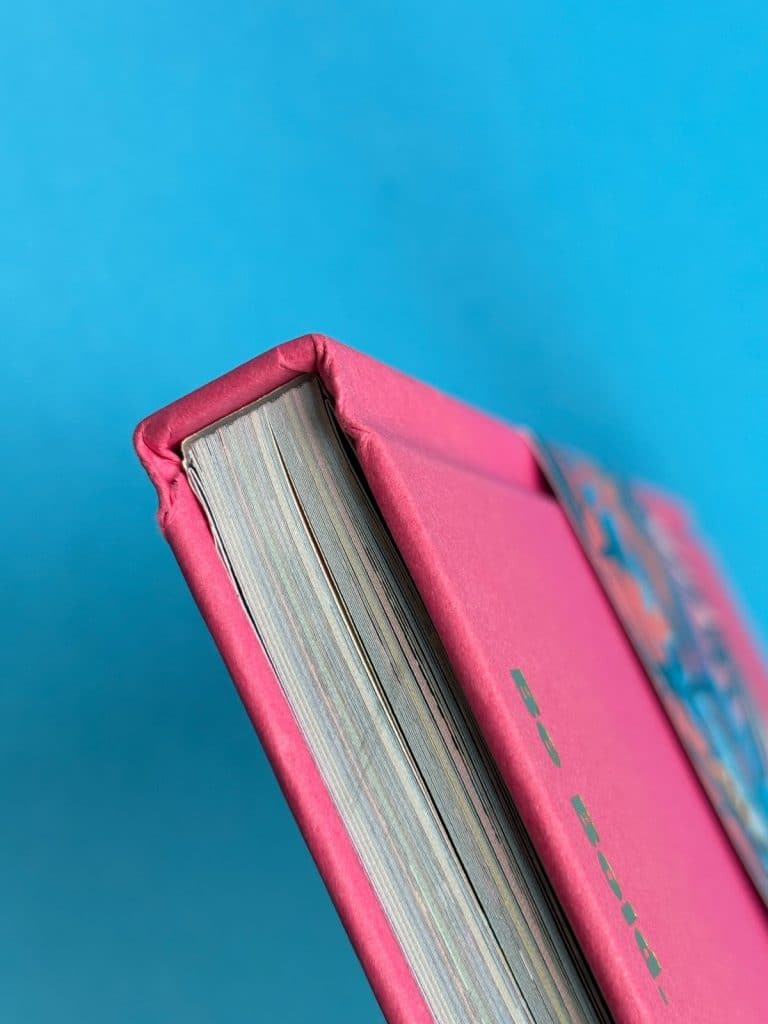 Close-up of glued hardback journal binding.