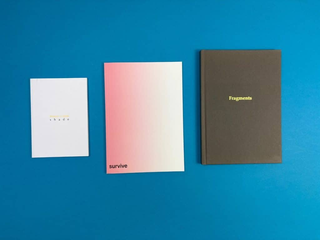 Minimalist poetry book cover design with clean fonts and soft colours printed by Ex Why Zed.