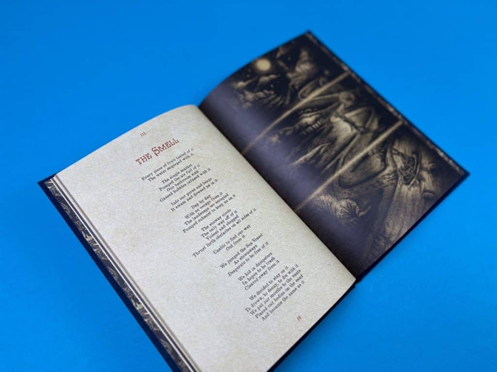 Open poetry book showing formatted stanzas, line breaks, and clean margins.