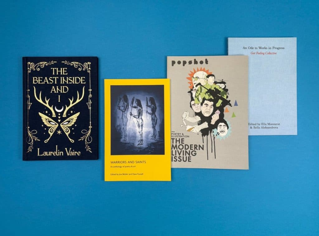 Montage of different poetry book covers printed at Ex Why Zed, showcasing minimalist, abstract, and bold designs.