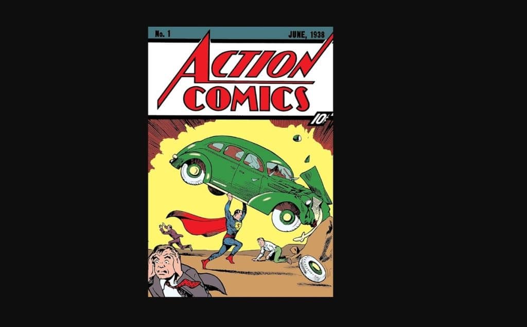 Action Comics #1 Golden Age superhero cover with Superman lifting a car