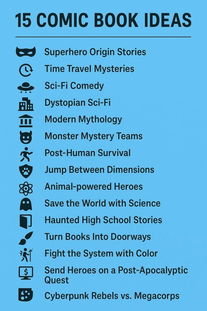 Infographic listing 15 creative comic book ideas across different genres