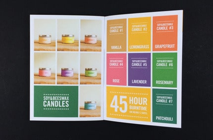 Colourful brochure spread with product grid and pricing panels printed by Ex Why Zed