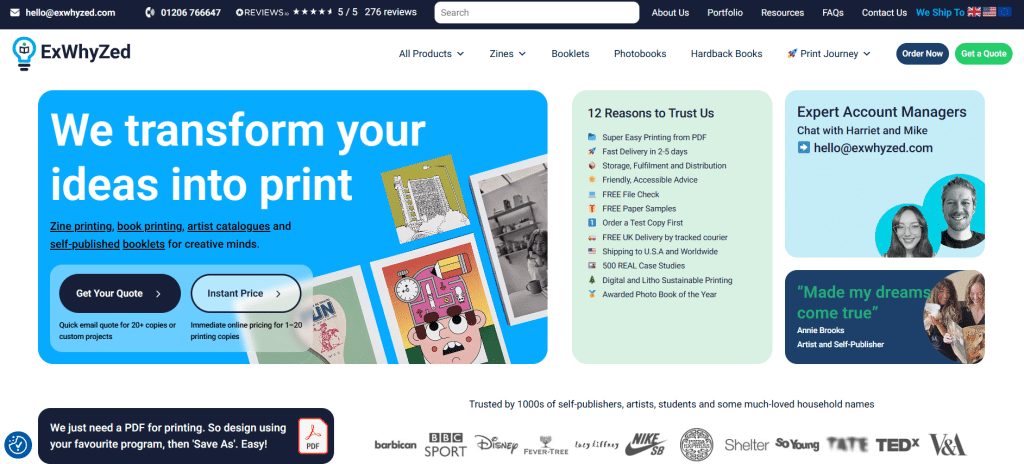 Ex Why Zed UK self publishing book printer offering high quality custom book printing and author support