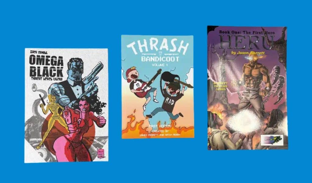 Printed graphic novel covers in different comic styles produced by Ex Why Zed