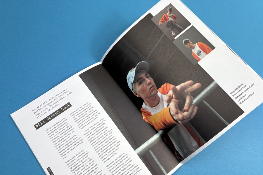 High quality photobook spread showing portrait and live performance images