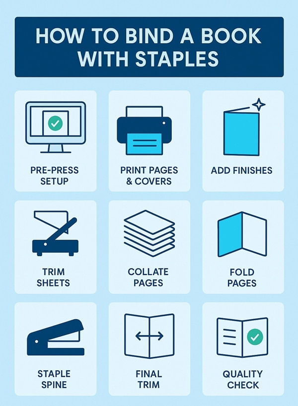 Infographic: How to staple bind a book—pre-press, print pages and covers, add finishes, trim sheets, collate pages, fold pages, staple spine, final trim, quality check
