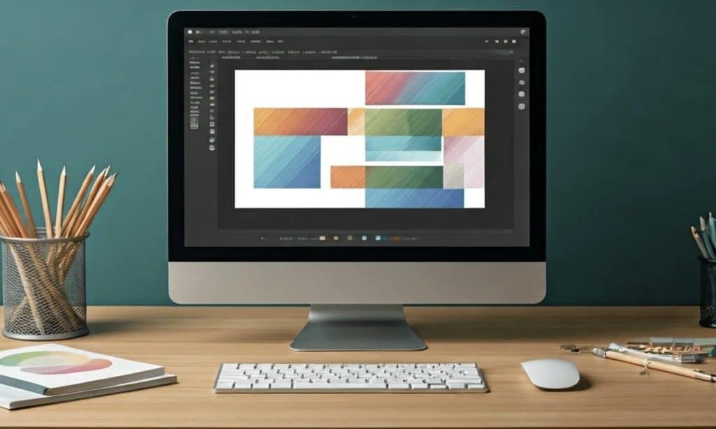 Designer preparing a Canva project for print with Ex Why Zed–quality books showing sharp, professional results