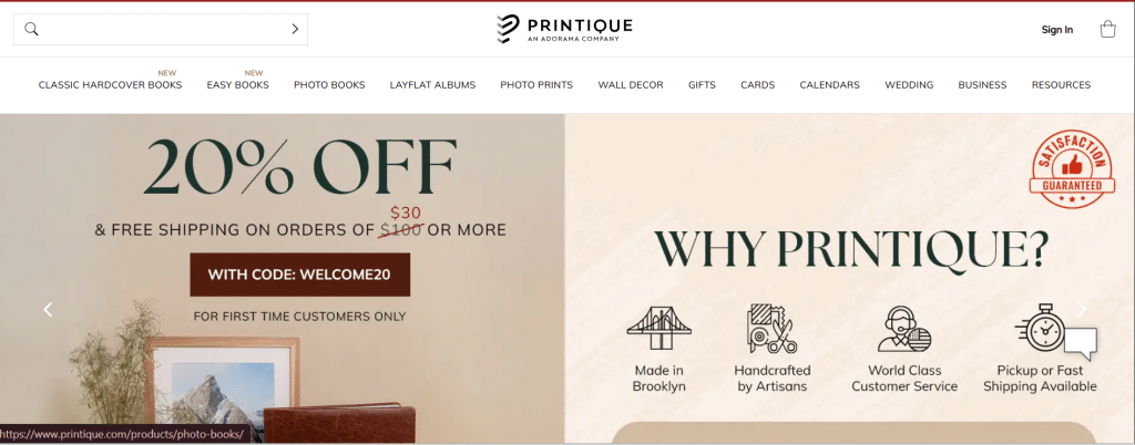 Printique photobook printing service screenshot highlighting premium photo books and quality guarantee