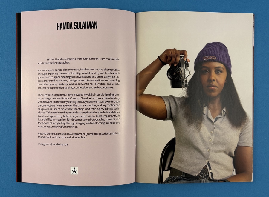 Fashion and editorial photographer portfolio book spread with portrait and artist statement