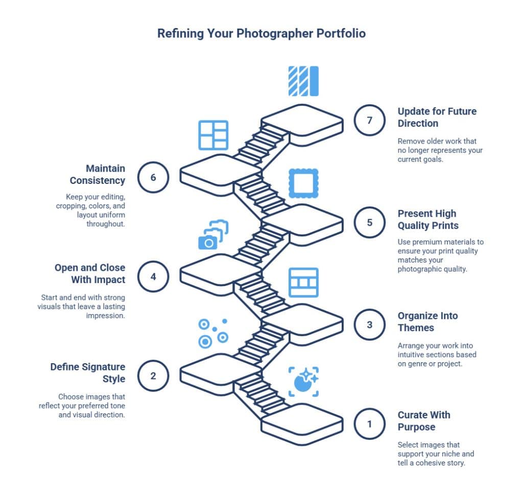 Infographic showing top tips to refine a photographer portfolio, from curation to print quality