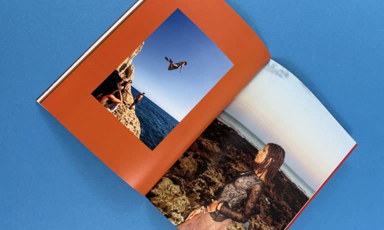 Colourful spread from the degree show booklet with travel photography on an orange background and a coastal portrait, printed by Ex Why Zed.