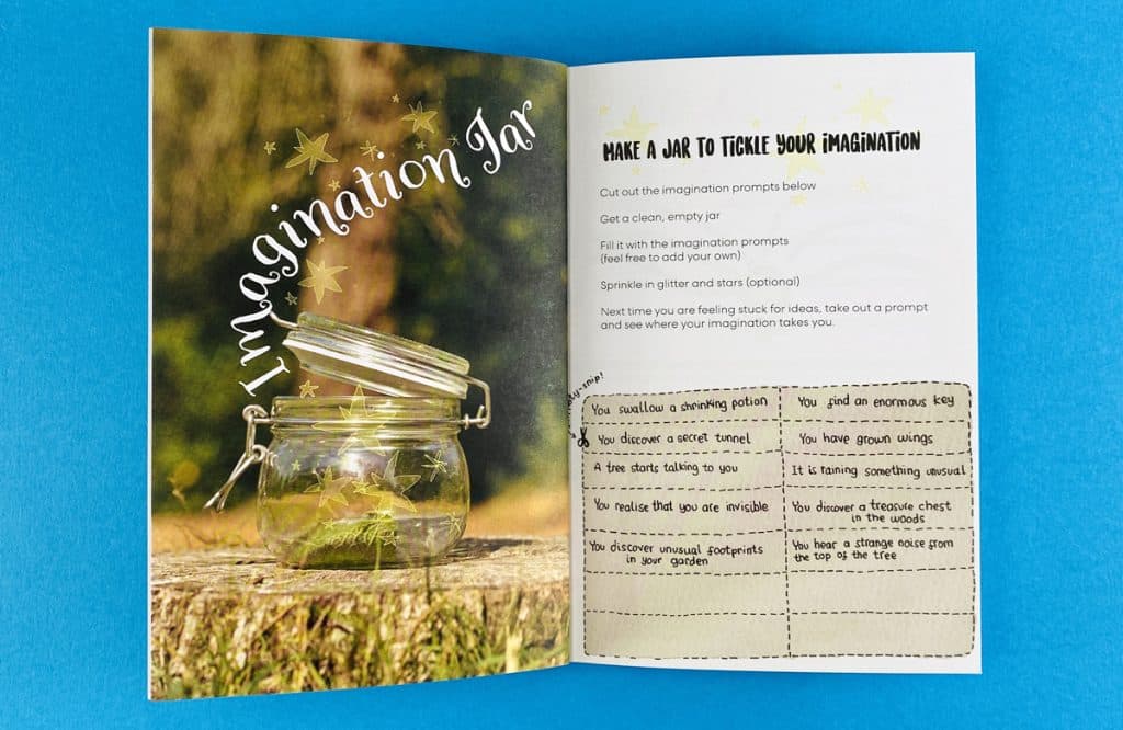 Personalised DIY art book for kids with an “Imagination Jar” activity spread and creative prompts