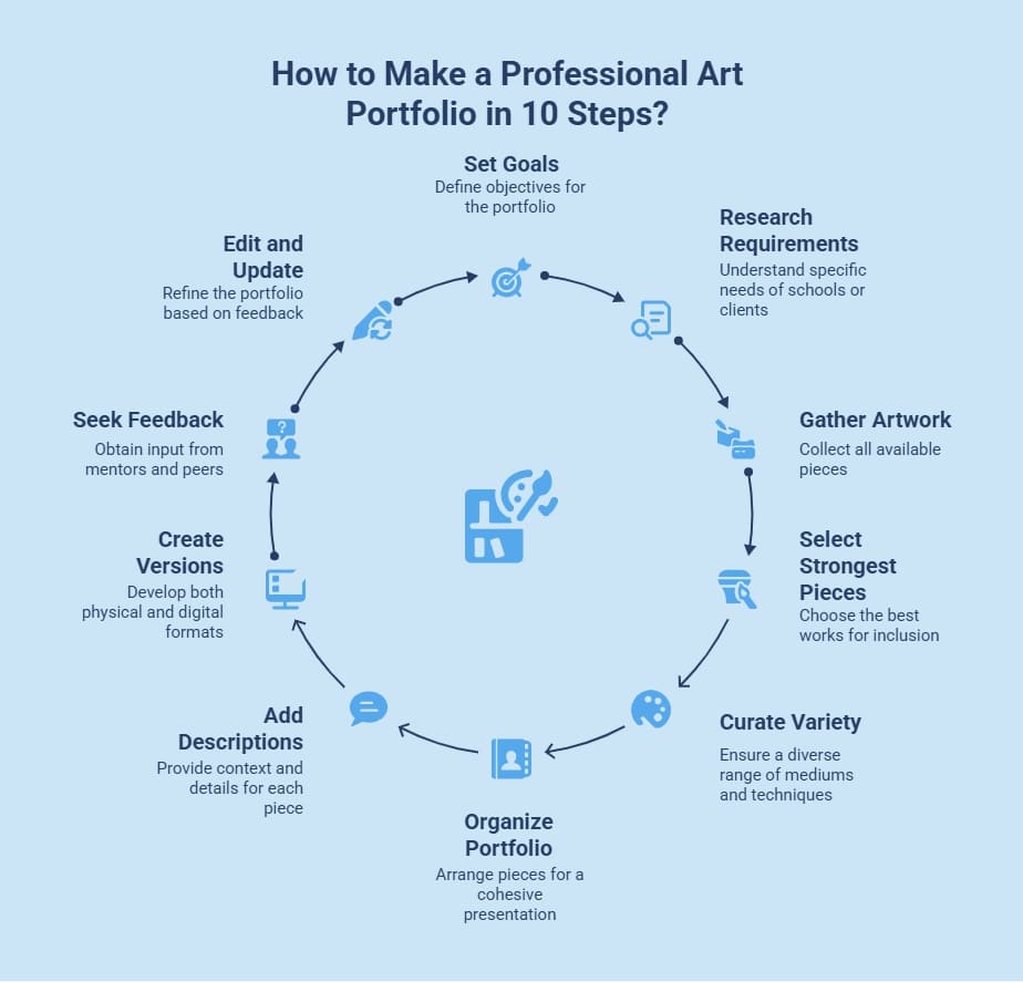 Infographic showing 10 steps to build a professional art portfolio, from setting goals to updating and refining